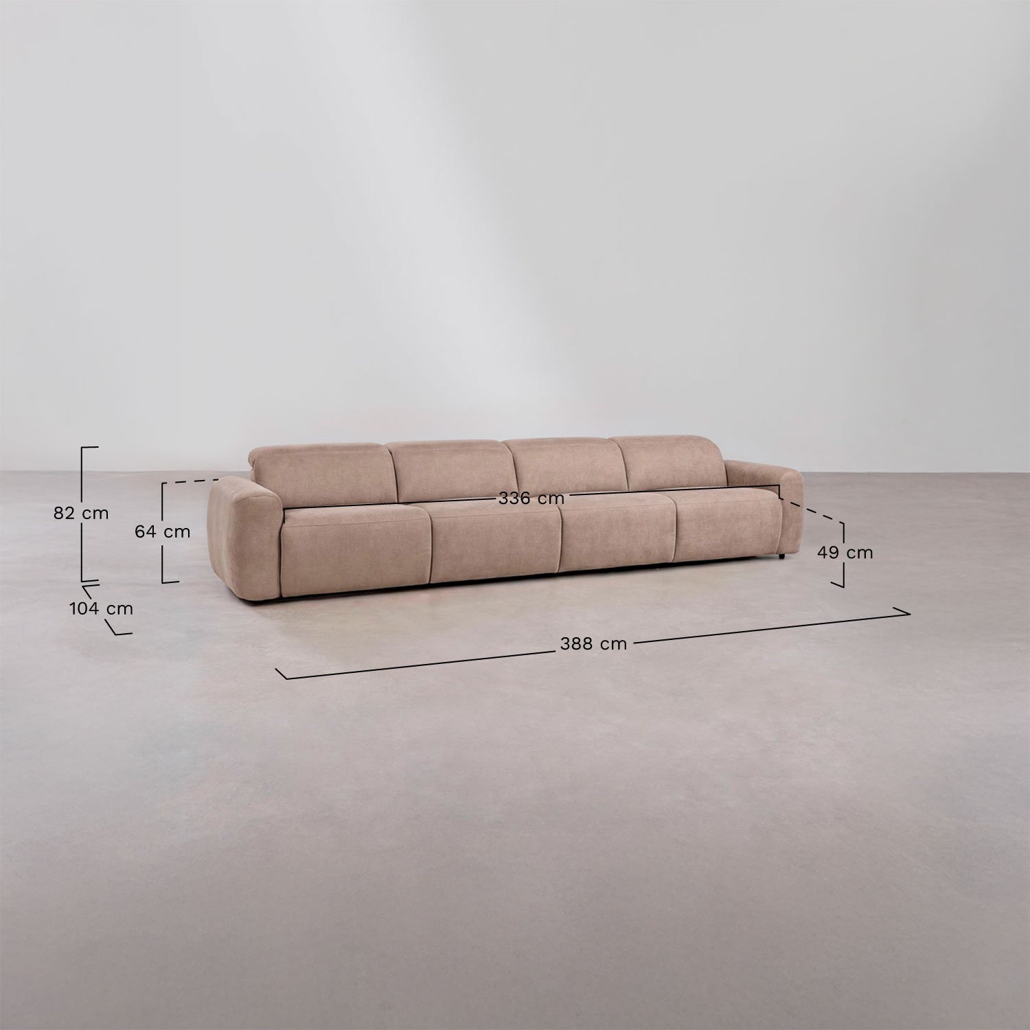 5-seater electric reclining sofa upholstered in Peggy, medidas