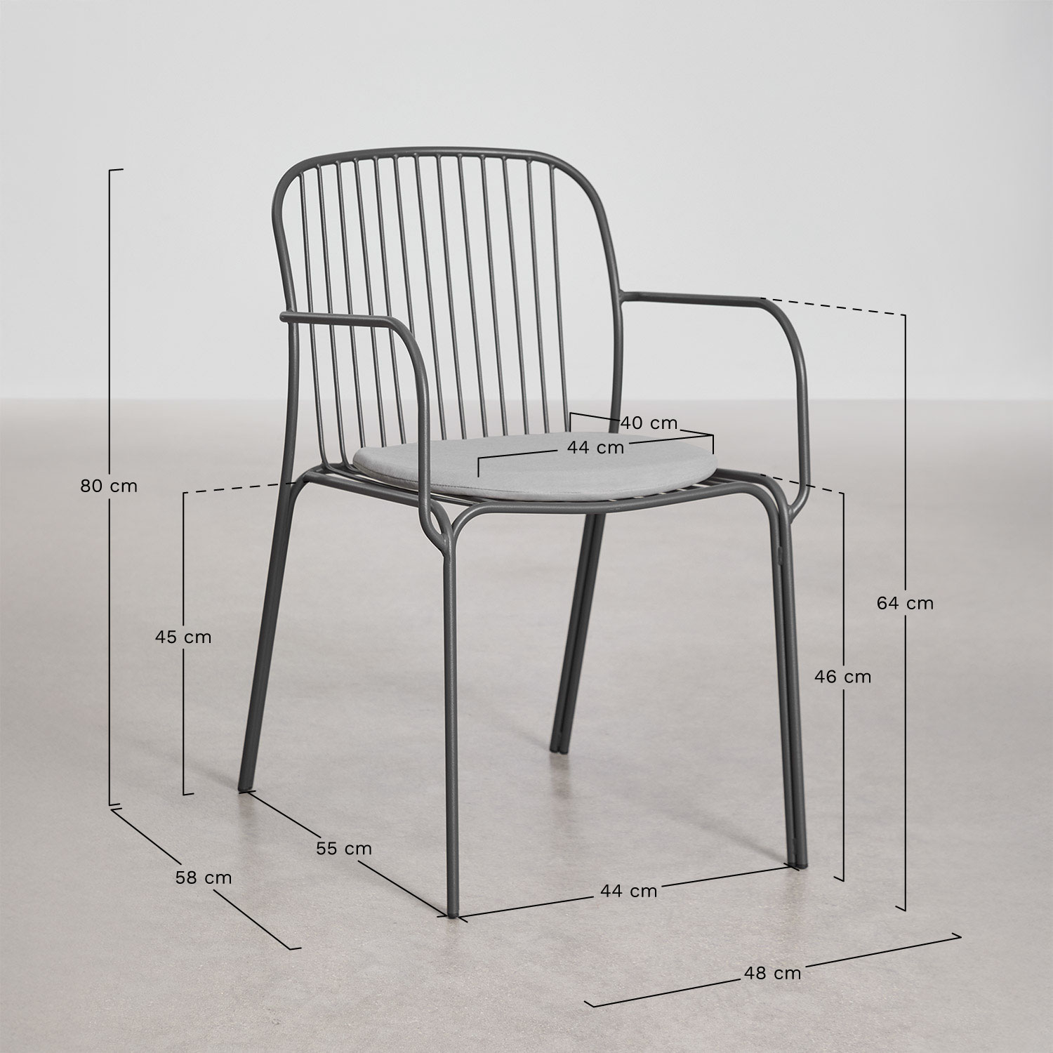 Pack of 4 dining chairs with steel armrests Anerina, medidas