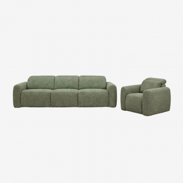 Living Room Set With 3-seater Electric Reclining Sofa And Upholstered Peggy Armchair Green Sage Bouclé - Sklum