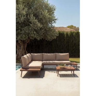 Kalen Garden Set With 5-seat Corner Sofa And Aluminum And Acacia Wood Coffee Table Moka Brown - Sklum
