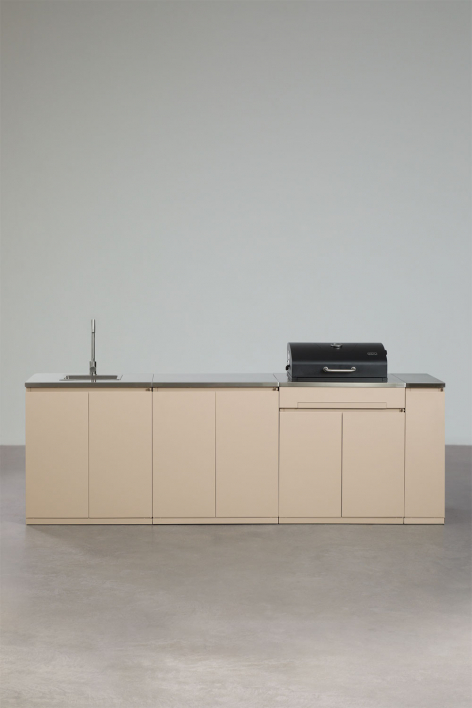 4-piece outdoor modular kitchen with sink, storage, and Rivana steel charcoal barbecue