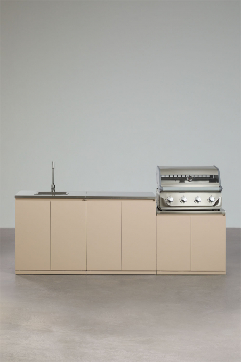 3-piece outdoor modular kitchen with sink and 4-burner gas barbecue in Rivana steel
