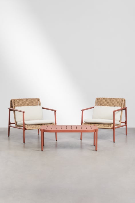 Duroli garden set with 2 armchairs and coffee table in aluminum and synthetic rattan - Terracota