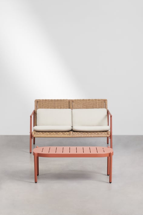 Duroli synthetic rattan and aluminum garden set with 2-seater sofa and coffee table - Terracota