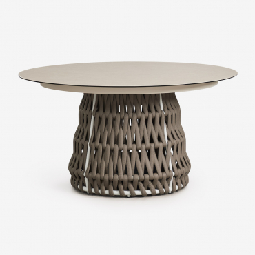 Tevary Round Garden Table Ø140 Cm In Ceramic And Braided Rope Gardenia White - Sklum