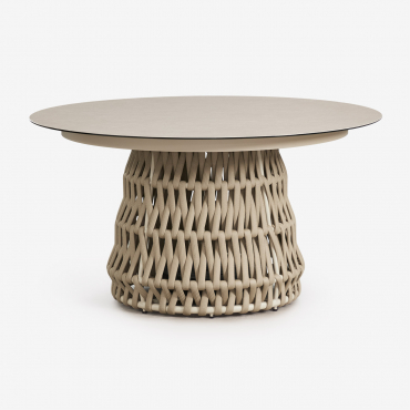 Tevary Round Dining Table Ø140 Cm In Ceramic And Braided Rope Tapioca Beige - Sklum