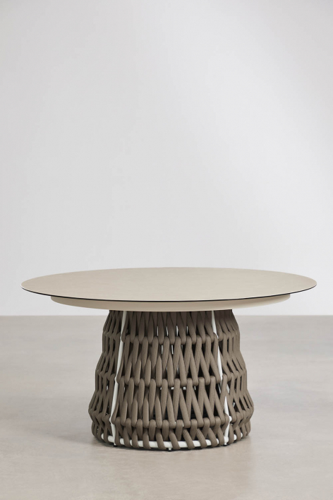 Tevary round dining table Ø140 cm in ceramic and braided rope - Gardenia White
