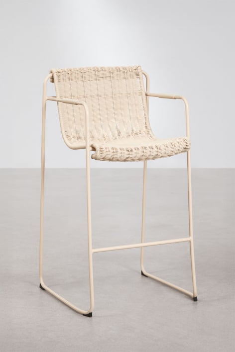 Stackable high garden stool with armrests in synthetic rattan and steel Revia - Tapioca Beige
