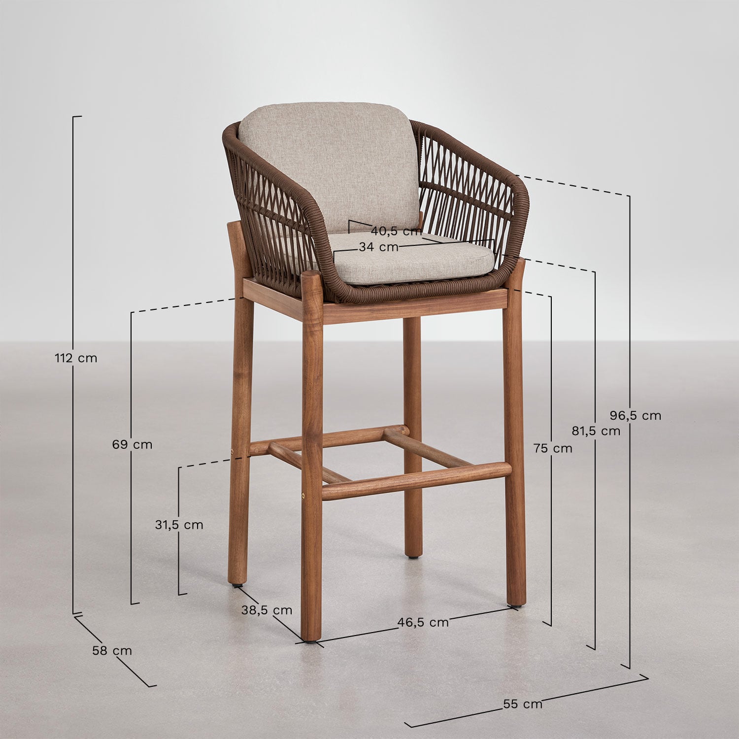 High stool in acacia wood and braided rope Karvia, medidas