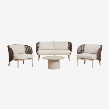 Living Room Set With 2-seater Sofa, 2 Capri Armchairs, And Round Coffee Table Ø75 Cm In Layana Cement Brown Chocolate - Sklum