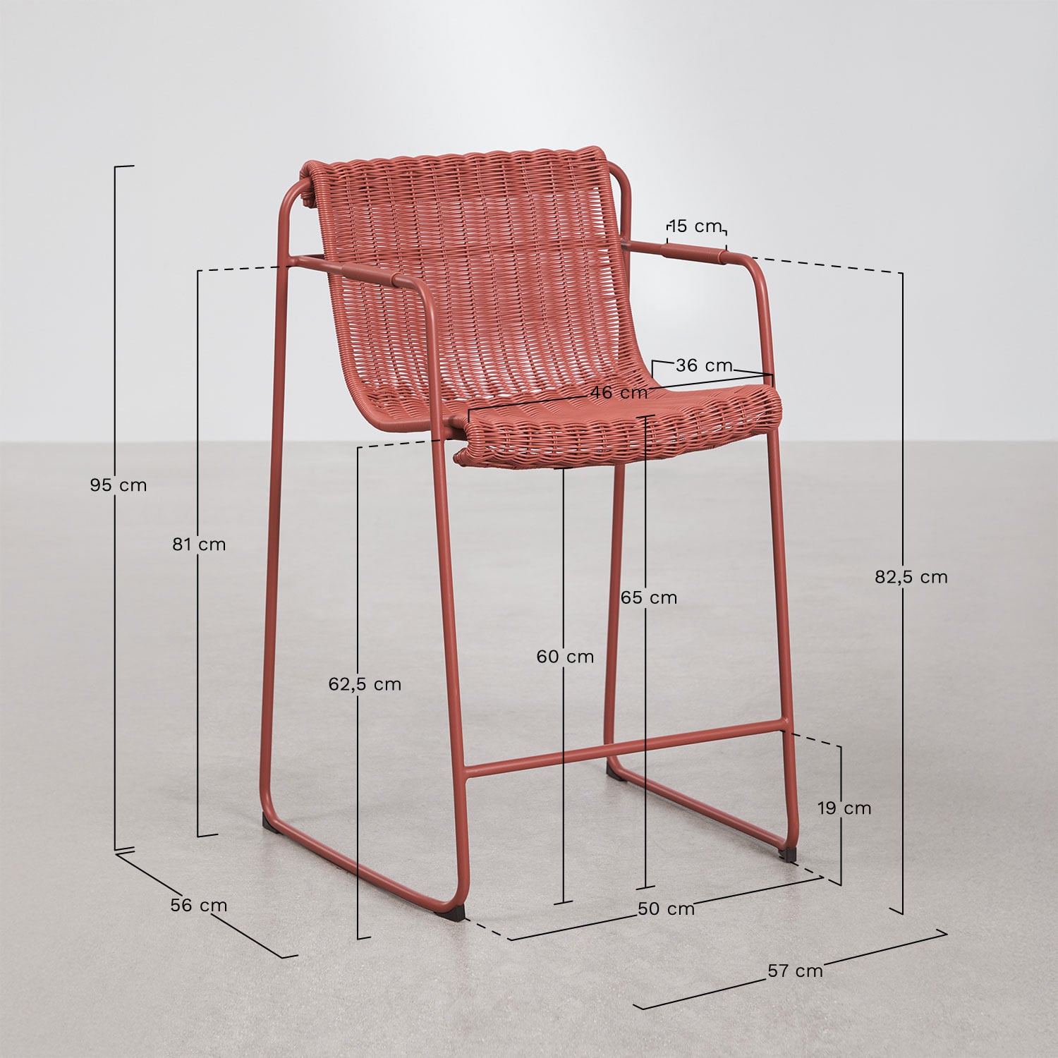 Stackable high stool with armrests in synthetic wicker and steel Revia, medidas