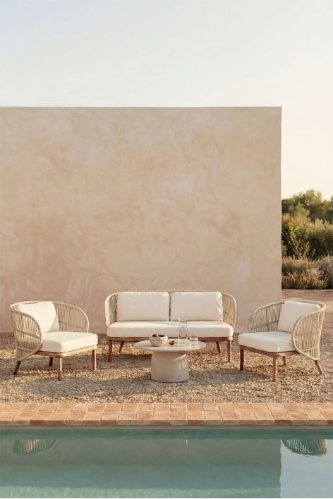 Garden set with 2-seater sofa, 2 Capri armchairs, and round Ø75 cm Layana cement coffee table