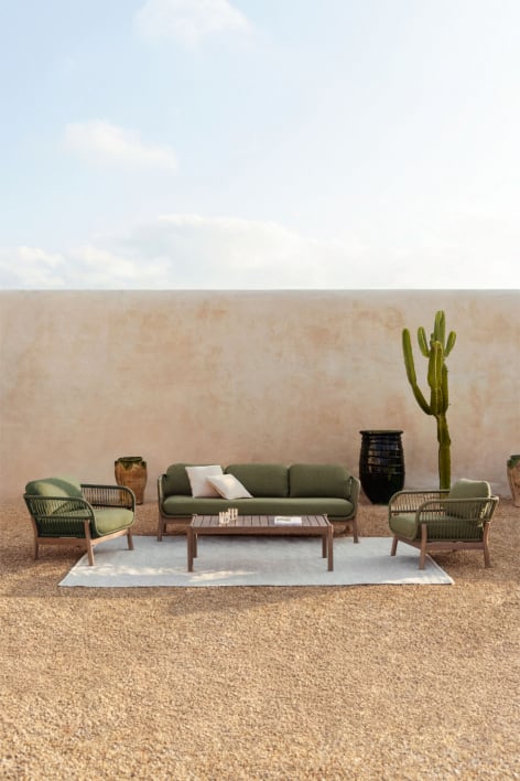 Garden set with 3-seater sofa, 2 armchairs, and coffee table in acacia wood and braided Karvia rope - Bouclé Sage Green