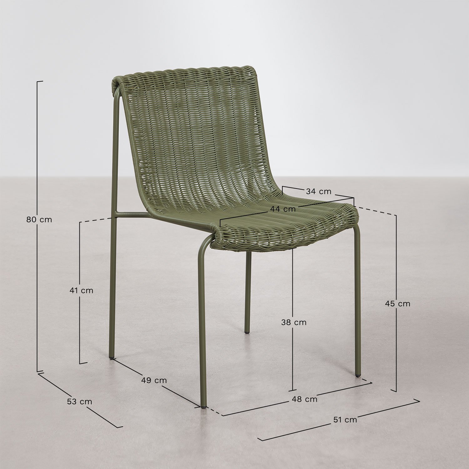 Set of 4 garden chairs in synthetic rattan and steel Revia, medidas