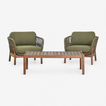 Karvia Garden Set With 2 Braided Rope Armchairs And Acacia Wood Coffee Table Acacia Brown & Green Sage Bouclé - Sklum