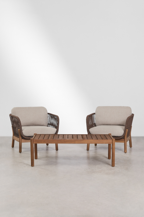 Living room set with 2 armchairs in braided rope and acacia wood coffee table Karvia - Hazelnut Brown Fabric