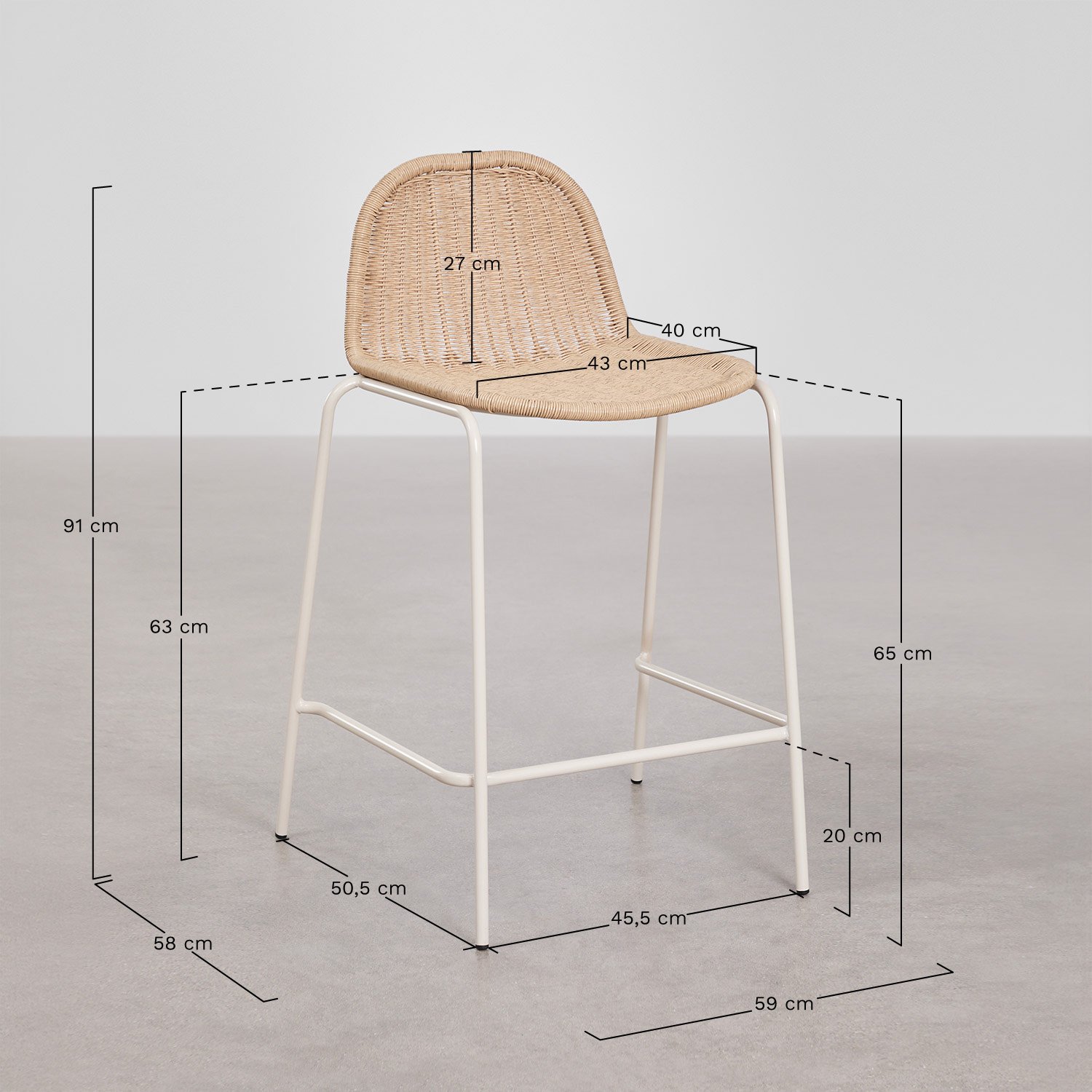 Stackable high stool in synthetic rattan Reiven, medidas