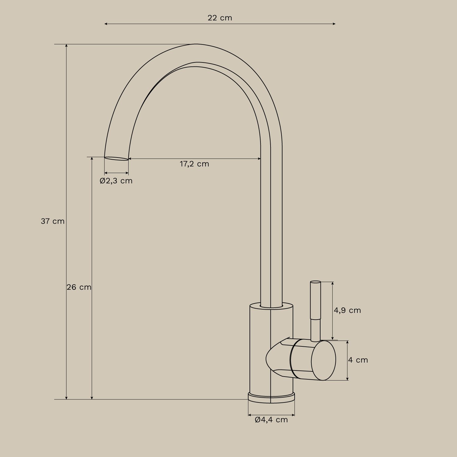 Outdoor kitchen faucet with high spout in stainless steel Rintran, medidas