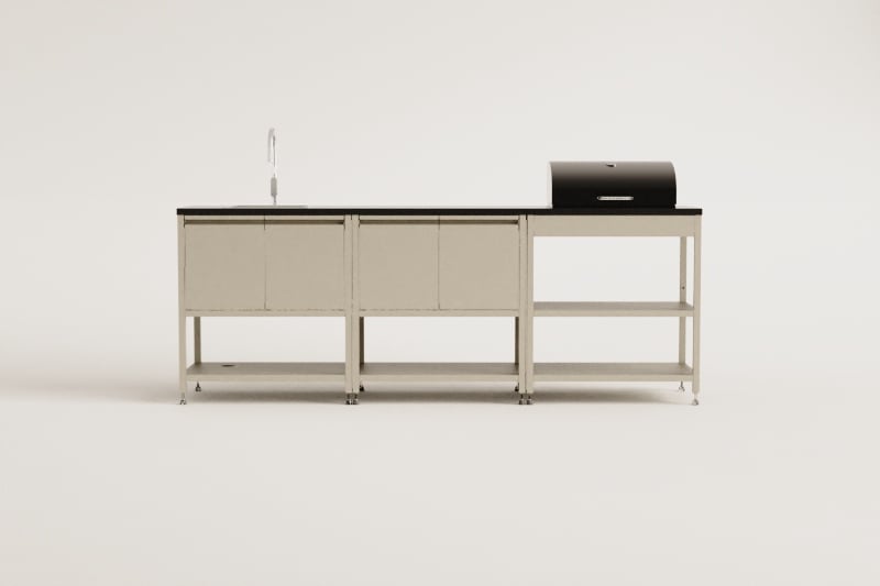 3-piece outdoor modular kitchen with sink, storage, and Savona steel charcoal barbecue