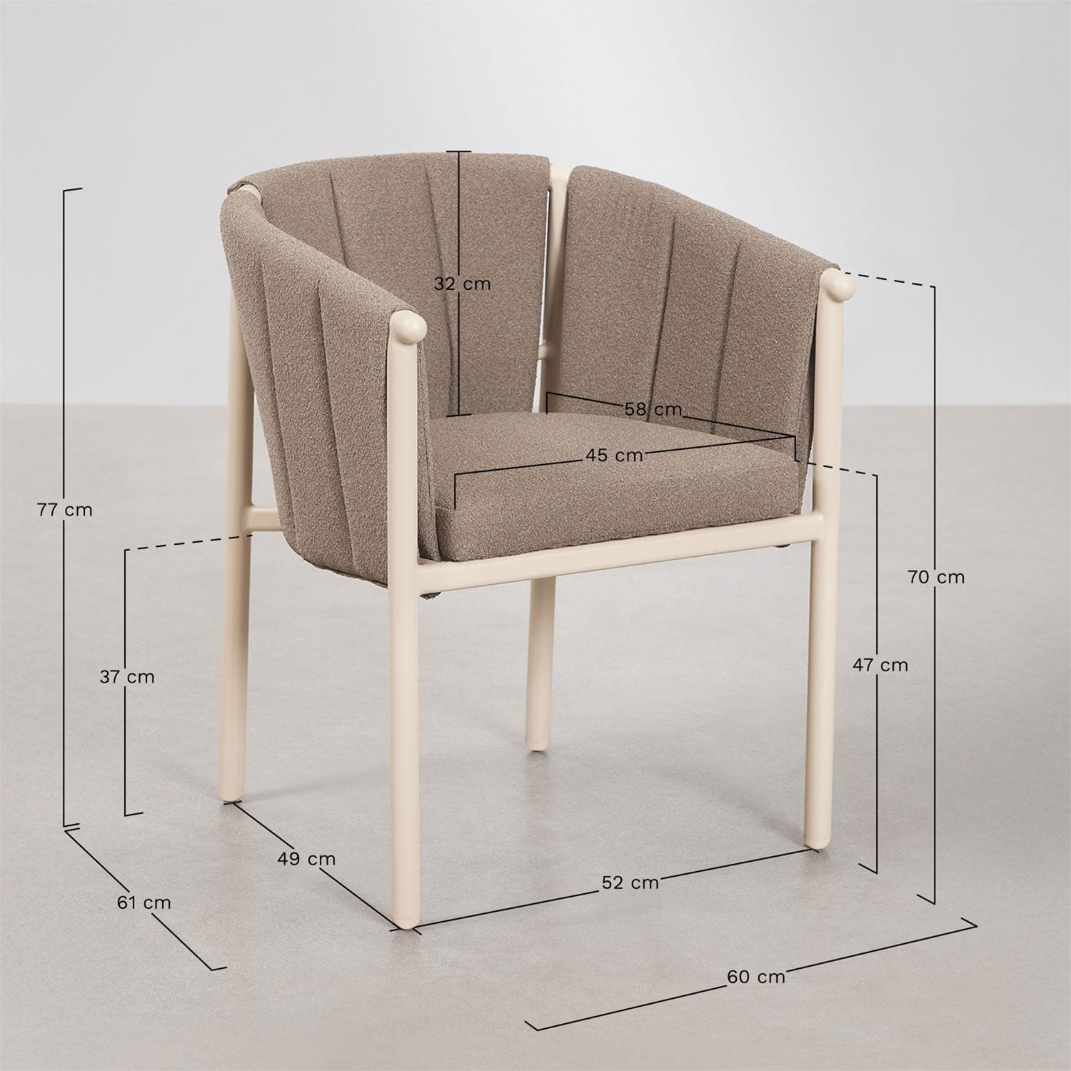 Boleni garden chair with armrests in bouclé and aluminum, medidas