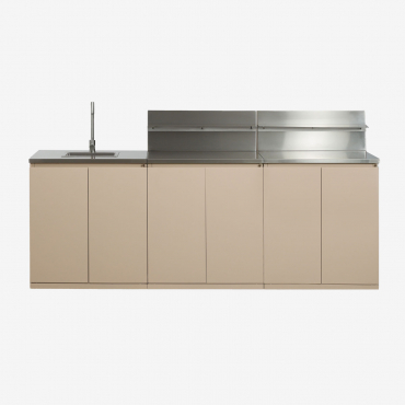 3-piece Outdoor Modular Kitchen With Sink, Organizer Panel, And Rivana Steel Storage Tapioca Beige & Brushed Grey Rintran - Sklum