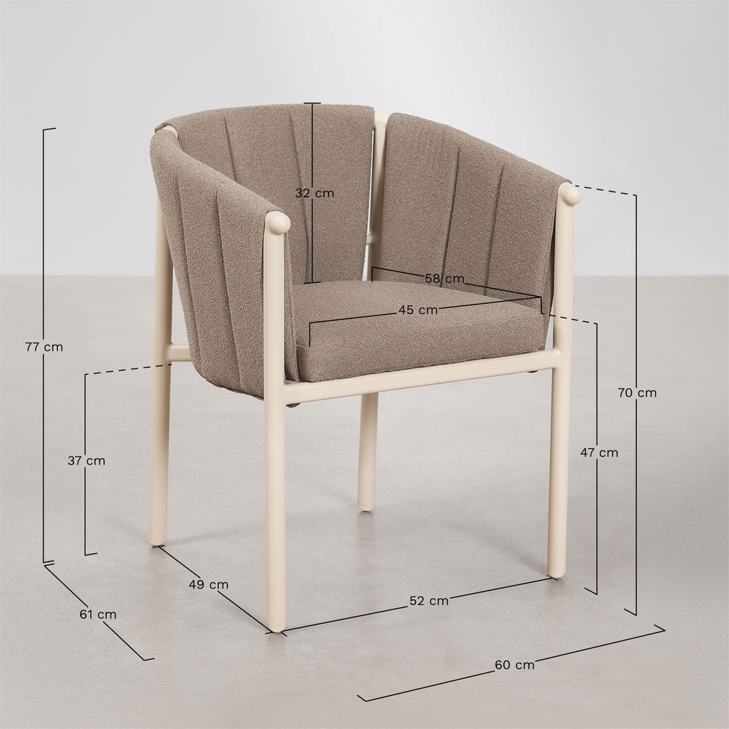 Boleni dining chair with armrests in bouclé and aluminum, medidas