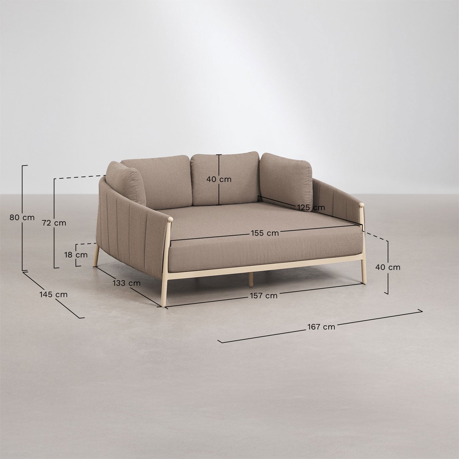 Double sun lounger in bouclé and aluminum with Boleni cushions, medidas