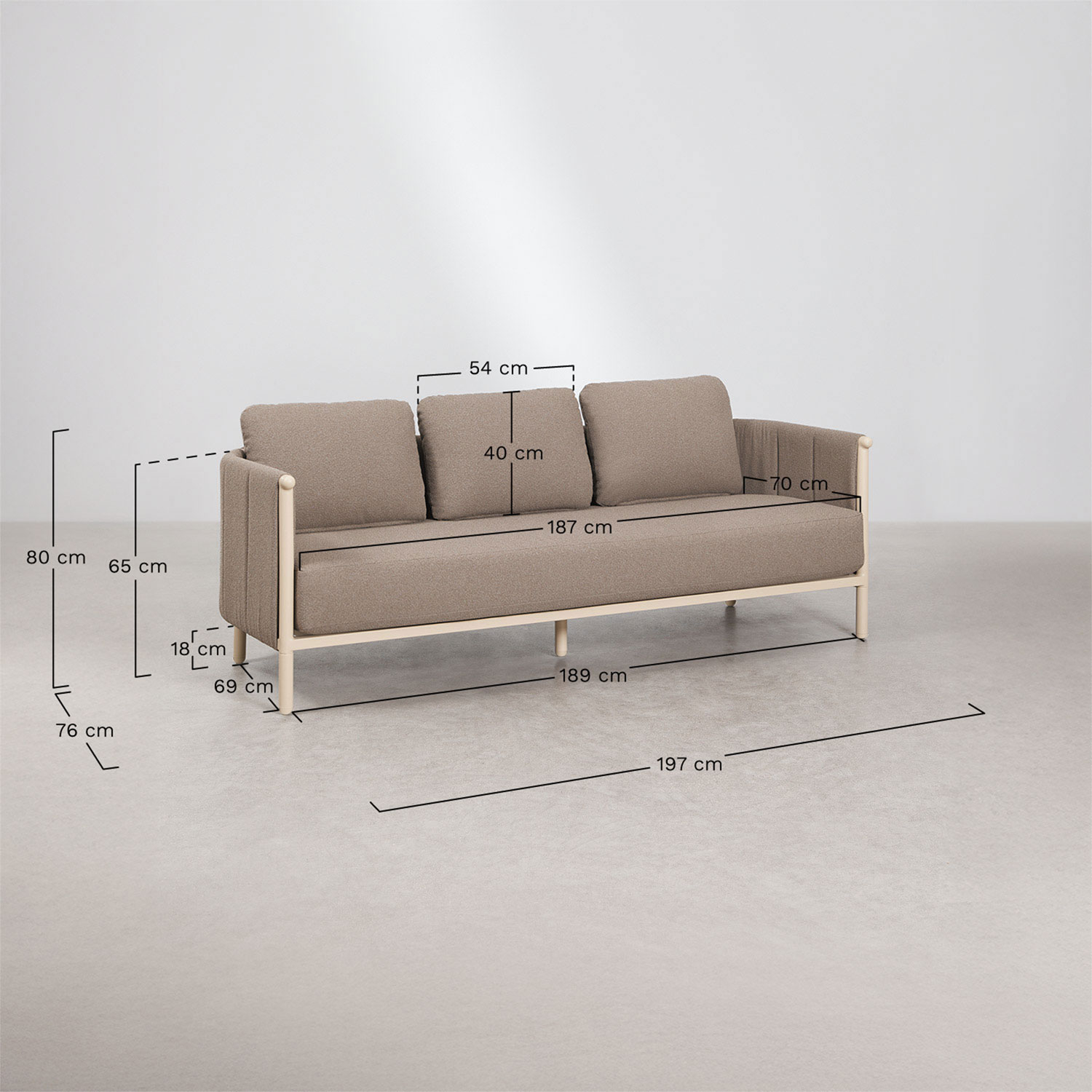 Boleni 3-seater garden sofa in bouclé and aluminum, medidas