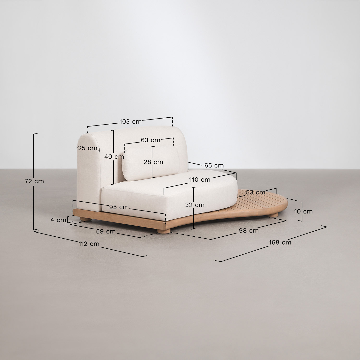 Right corner module for modular garden sofa in acacia wood Gerard, medidas