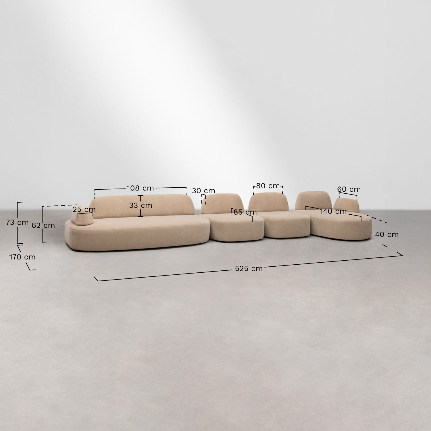 4-piece right modular chaise longue sofa with upholstered Giorgia corner module, medidas