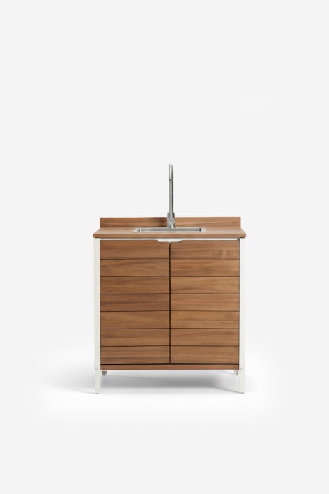 Outdoor kitchen storage module with sink in acacia wood and aluminum Reggie