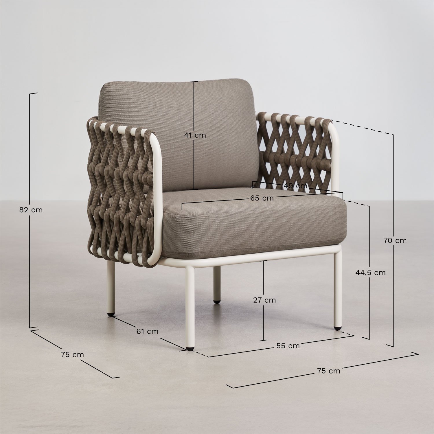 Garden set with 3-seater sofa, 2 armchairs in Tevary braided rope, and Boleni aluminum coffee table, medidas