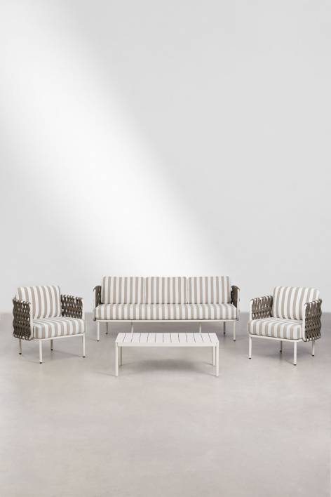 Garden set with 3-seater sofa, 2 armchairs in Tevary braided rope, and Boleni aluminum coffee table - Mocha Brown Fabric - Gardenia White