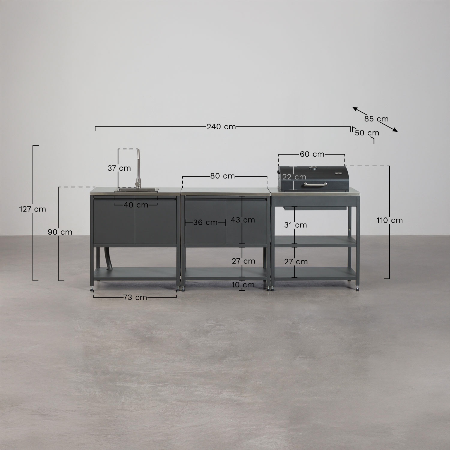 3-piece outdoor modular kitchen with sink, storage, and Savona steel charcoal barbecue, medidas