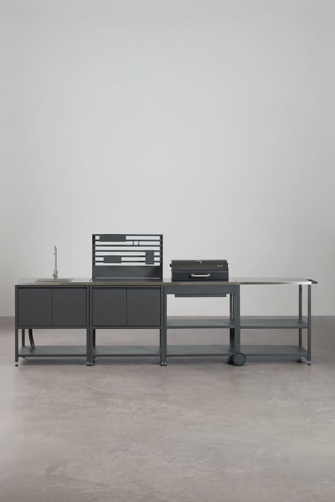 4-piece outdoor modular kitchen with sink, organizer panel, and steel charcoal barbecue Savona