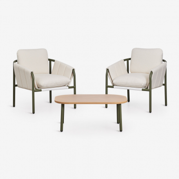 Zunika Steel Garden Set With 2 Upholstered Armchairs And Coffee Table Deep Olive Green - Sklum