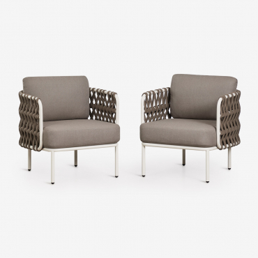 Pack Of 2 Garden Armchairs In Aluminum And Braided Rope Tevary Gardenia White & Hazelnut Brown Fabric - Sklum