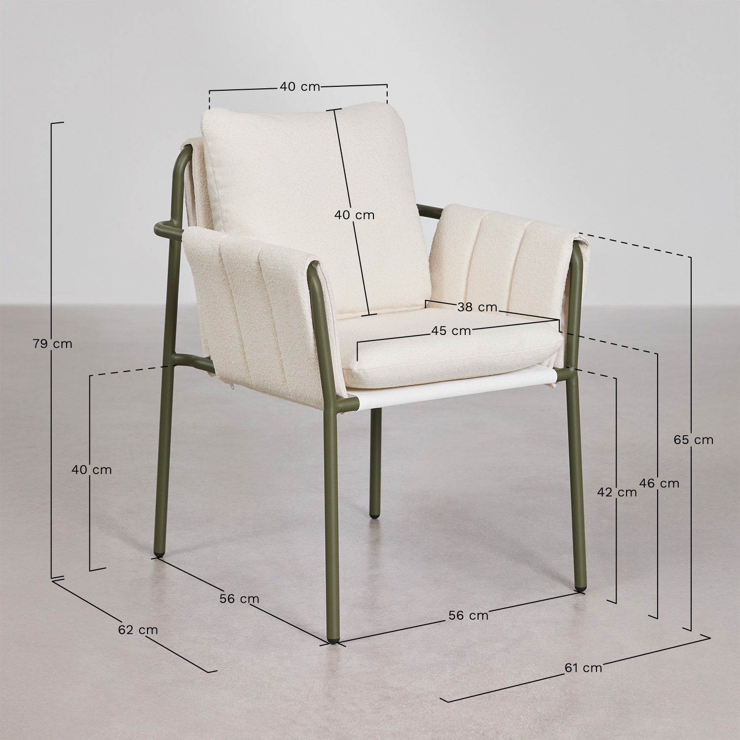 Pack of 2 upholstered dining chairs with armrests and steel Zunika, medidas