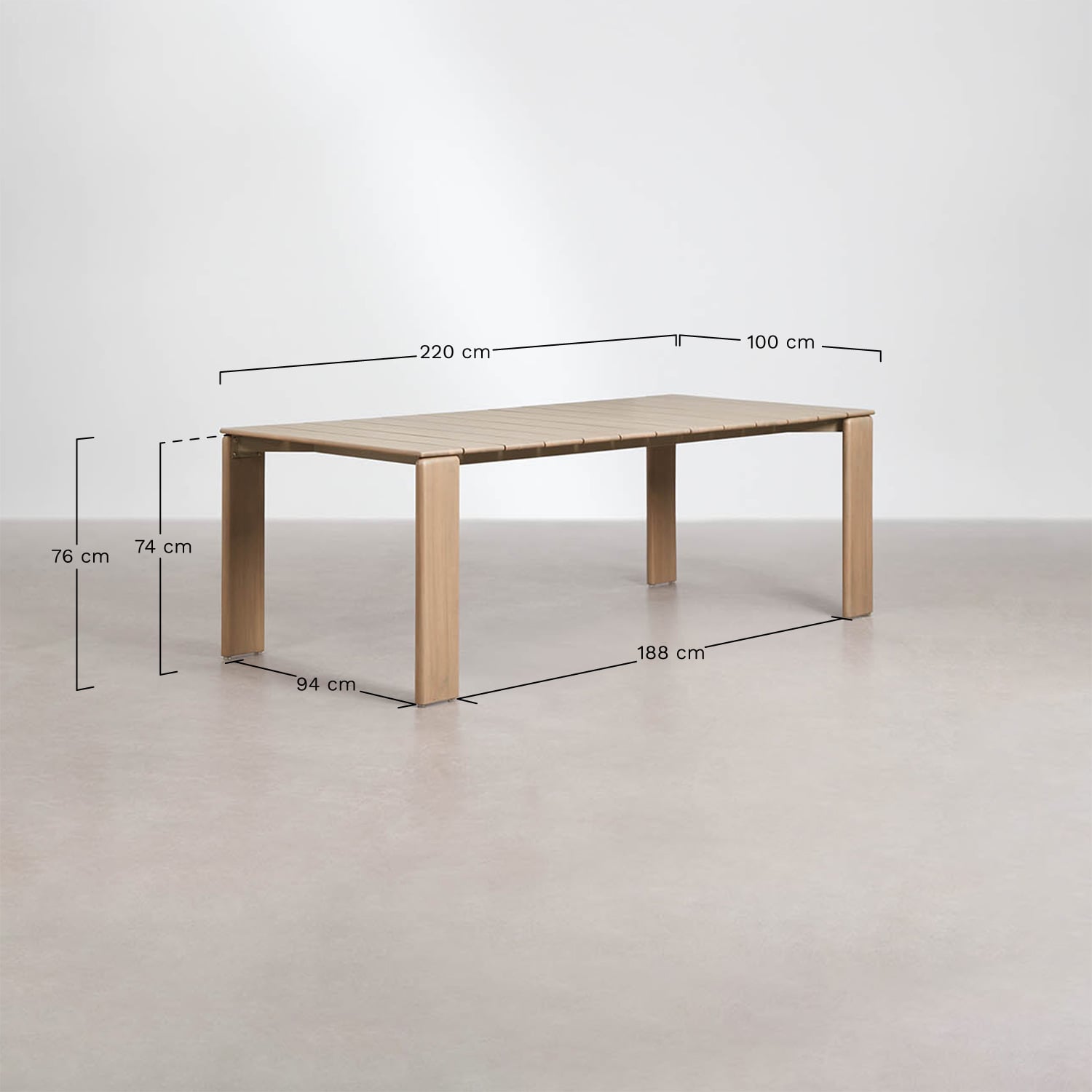Rectangular garden table 220x100 cm in Kandroa acacia wood, medidas