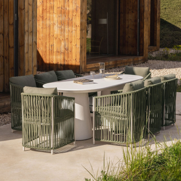 Oval 220x95 Cm Noemi Cement Table Set And 8 Sophie Garden Armchairs In Aluminum And Braided Rope Light Army Green - Sklum