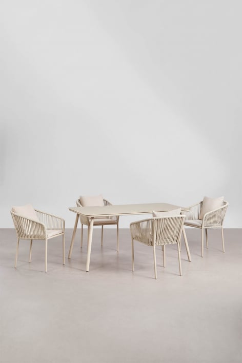 Rectangular table set 160x90 cm and 4 garden chairs in braided rope Arhiza Classic - Tapioca Beige