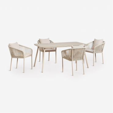 Rectangular Table Set 160x90 Cm And 4 Garden Chairs In Braided Rope Arhiza Classic Tapioca Beige - Sklum