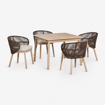 Karvia Extendable Table Set 100-160x100 Cm And 4 Garden Chairs In Acacia Wood And Capri Braided Rope Brown Chocolate - Sklum