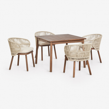 Karvia Extendable Dining Table Set 100-160x100 Cm And 4 Dining Chairs In Acacia Wood And Capri Braided Rope Beige Cream - Sklum