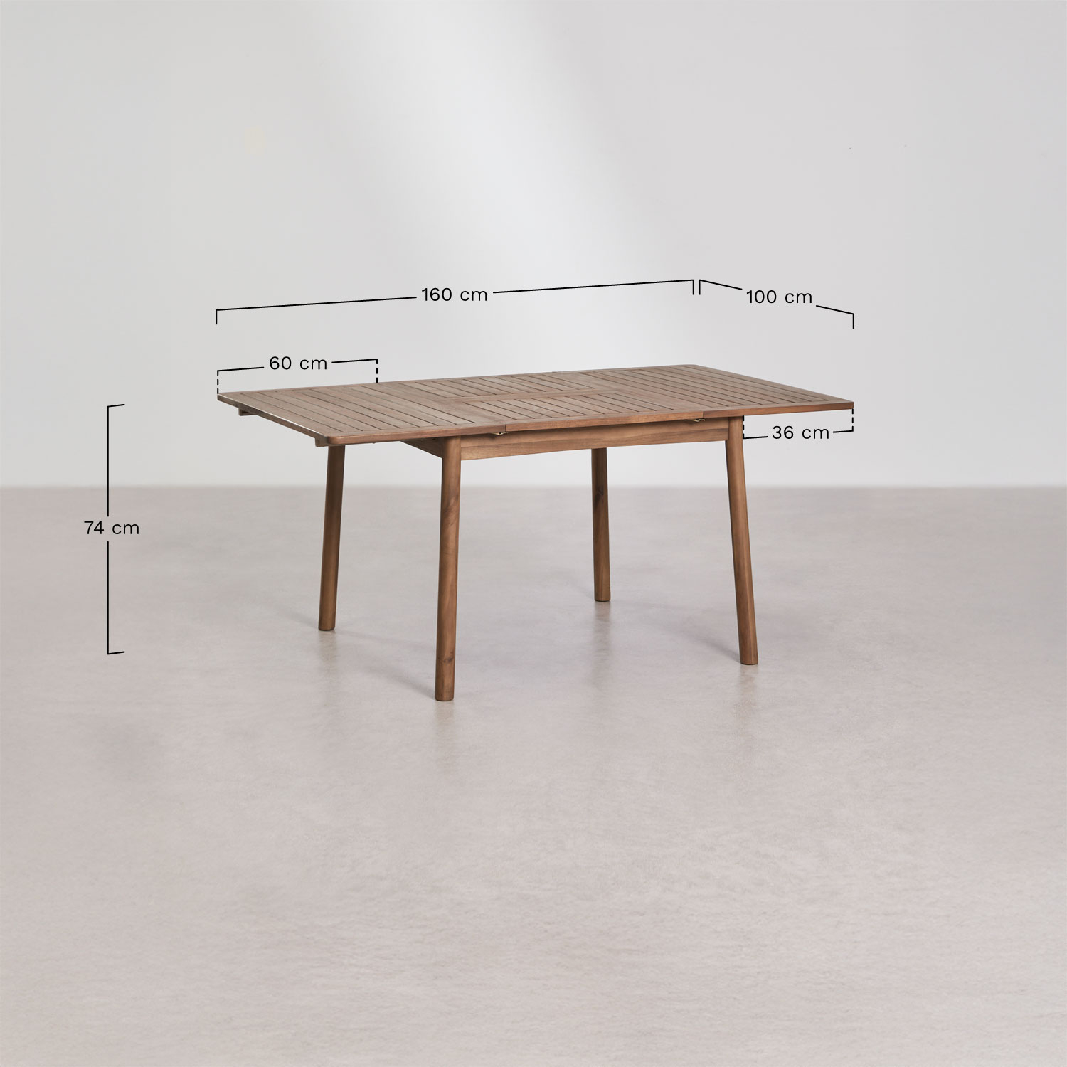 Karvia extendable dining table set 100-160x100 cm and 4 dining chairs in acacia wood and Capri braided rope, medidas