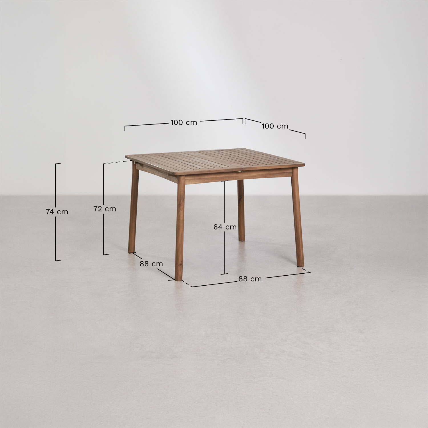 Karvia extendable dining table set 100-160x100 cm and 4 dining chairs in acacia wood and Capri braided rope, medidas