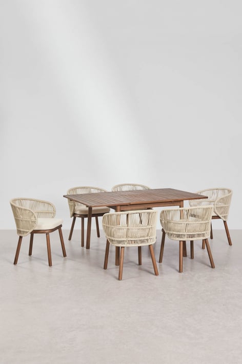 Karvia extendable dining table set 100-160x100 cm and 6 dining chairs in acacia wood and Capri braided rope