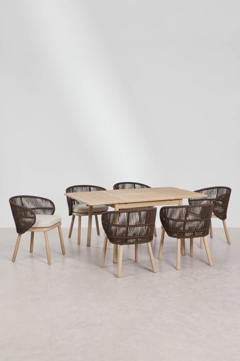 Karvia extendable dining table set 100-160x100 cm and 6 dining chairs in acacia wood and Capri braided rope - Brown Chocolate