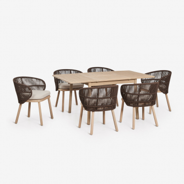 Karvia Extendable Dining Table Set 100-160x100 Cm And 6 Dining Chairs In Acacia Wood And Capri Braided Rope Brown Chocolate - Sklum