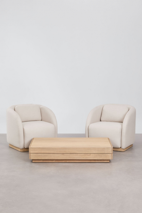 Living room set with 2 armchairs and a rectangular 130x75 cm coffee table in Verona acacia wood